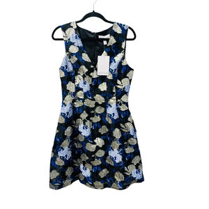 Badgley Mischka NWT Metallic Gold Blue Dress Size 8 Floral Sleeveless Mini Lined